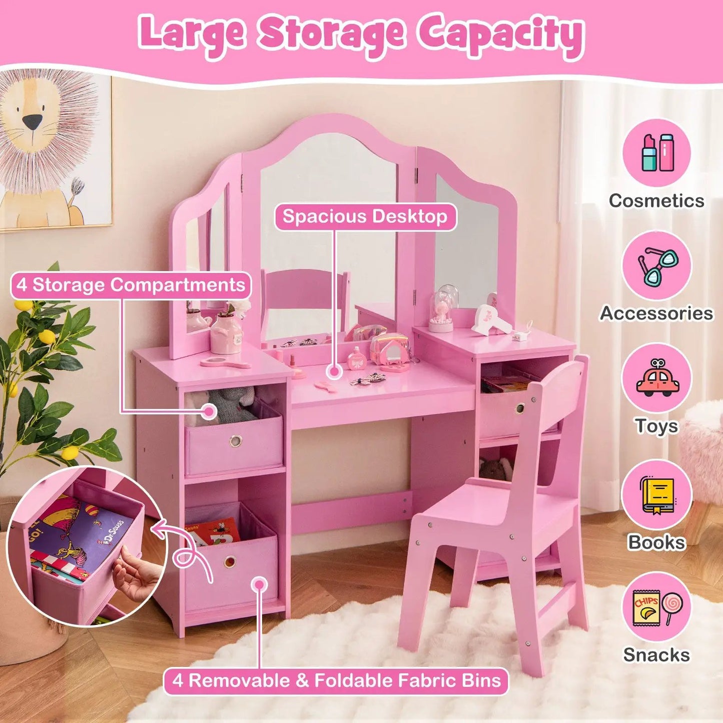 Pink kids vanity table and chair set with mirrors, spacious desk, and 4 fabric storage bins on Tampa Home & Garden Store