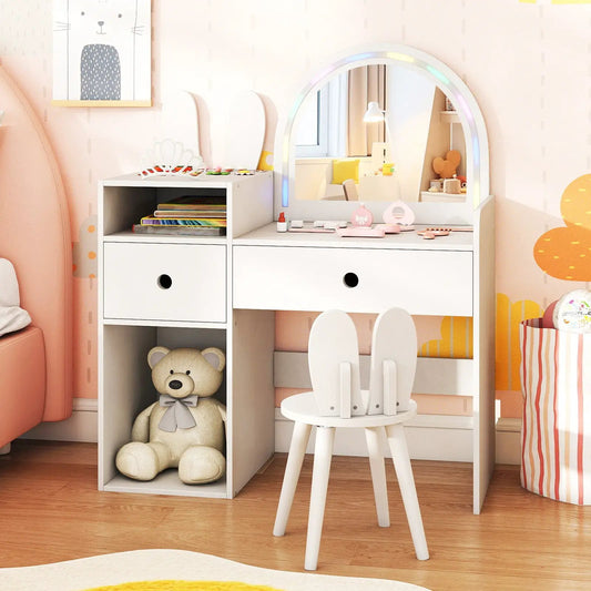 Kids vanity desk and chair set with lights, white finish with open cubbies and arch LED mirror on Tampa Home & Garden Store