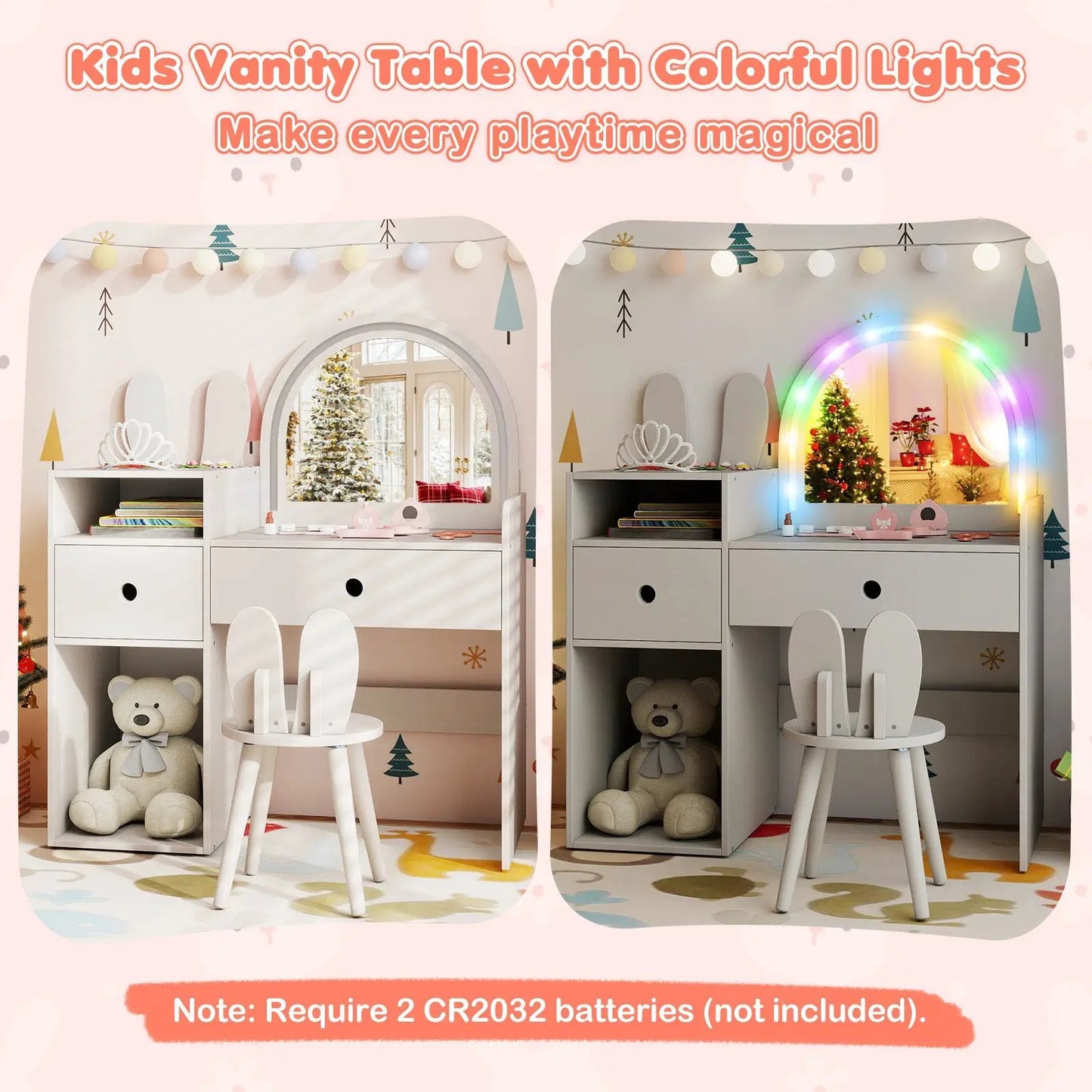 Kids Vanity Desk and Chair Set with Lights in pastel white with arch mirror and shelves, dual view on Tampa Home & Garden Store