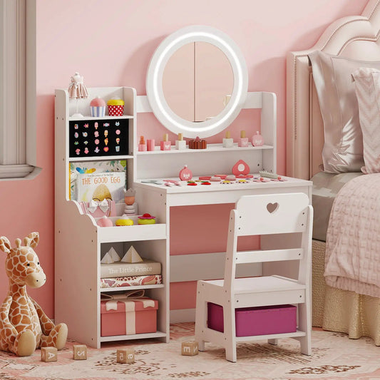 Kids Vanity Desk with Mirror and Lights Set, white with round LED mirror, DirectDeals on Tampa Home & Garden Store