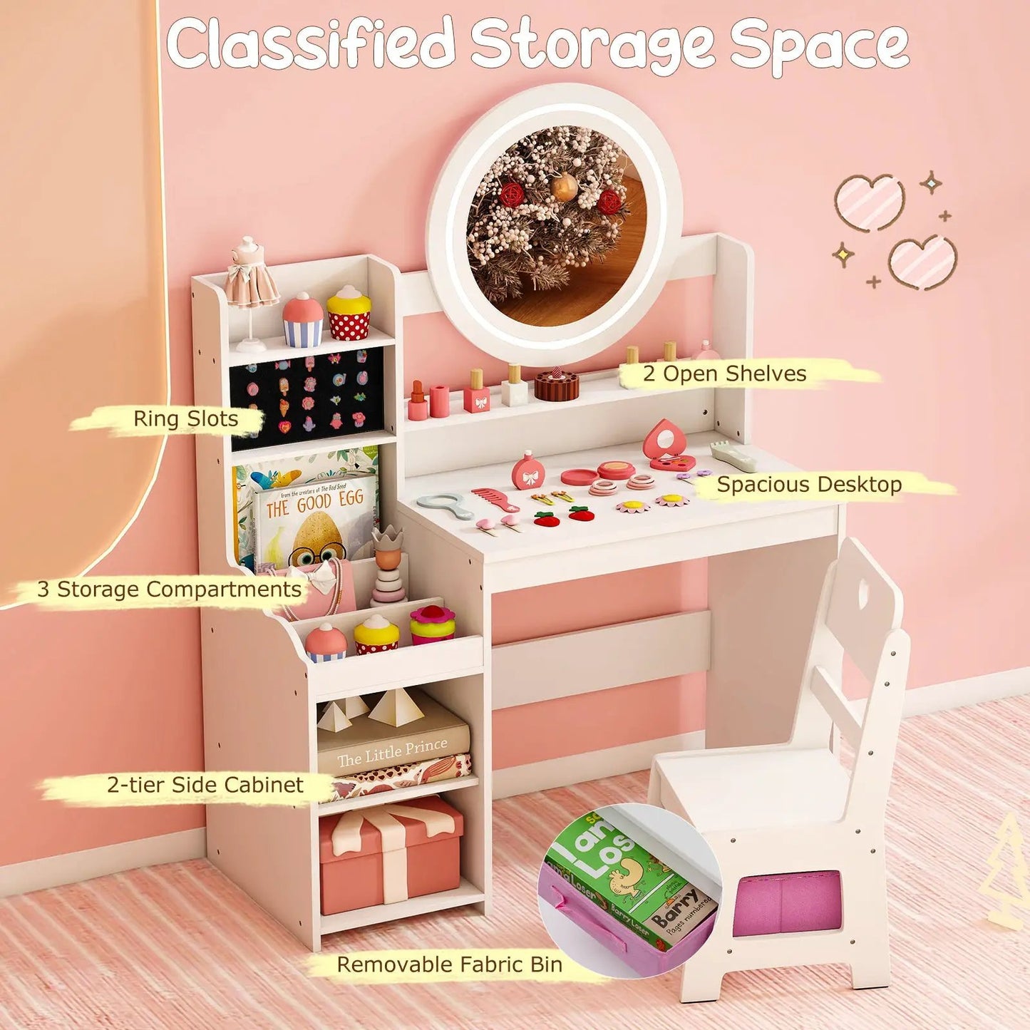 Kids vanity desk with round LED mirror, pink and white finish, 2 shelves, removable fabric bin on Tampa Home & Garden Store