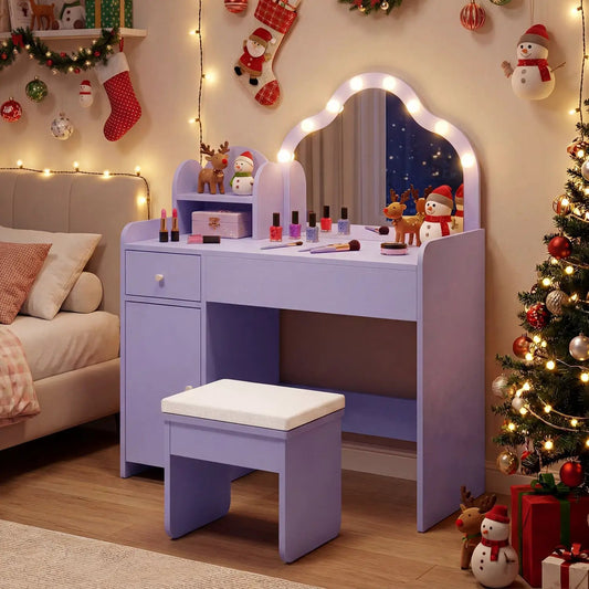 Kids vanity desk with mirror and lights purple, makeup items on top, matching stool on Tampa Home & Garden Store
