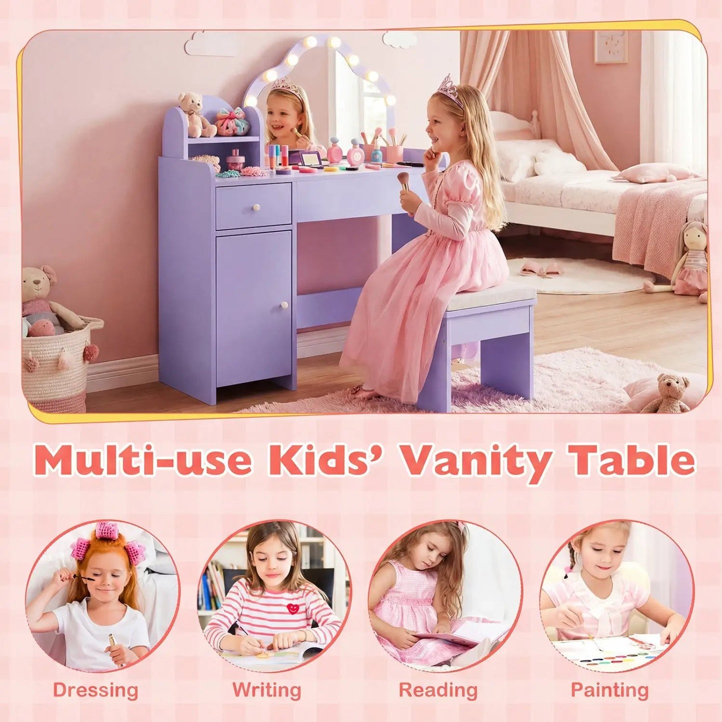 Kids Vanity Desk with Mirror and Lights in lavender purple finish by DirectDeals on Tampa Home & Garden Store