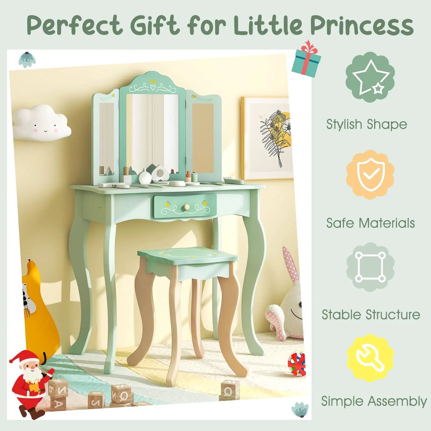Kids vanity set with tri-folding mirror by DirectDeals in mint green on Tampa Home & Garden Store