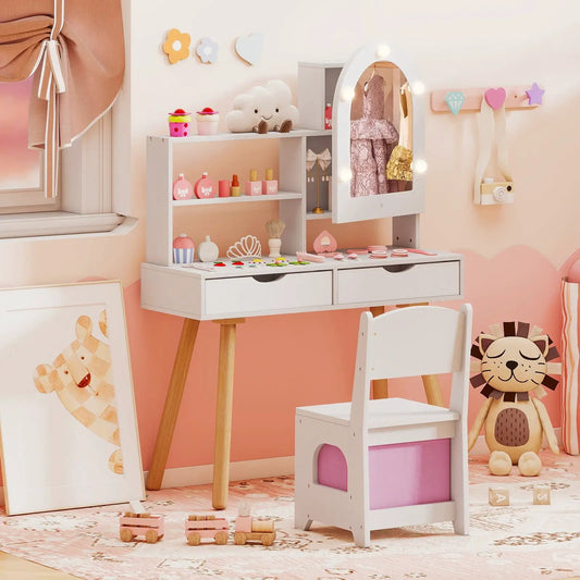 Kids vanity set with lighted mirror cabinet, white desk with shelves and pastel accents on Tampa Home & Garden Store