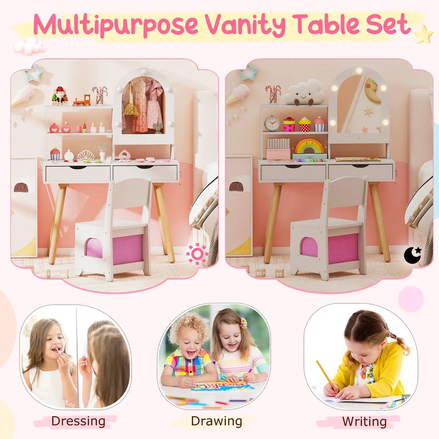 Kids Vanity Set With Lighting Mirror Cabinet in white and pink with wooden legs DirectDeals on Tampa Home & Garden Store