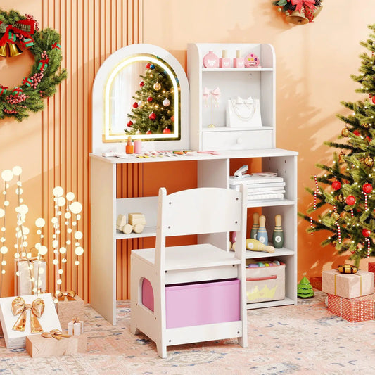 Kids Vanity Set Princess Chair and LED Mirror white wooden desk with arch LED-lit mirror and storage shelves on Tampa Home & Garden Store