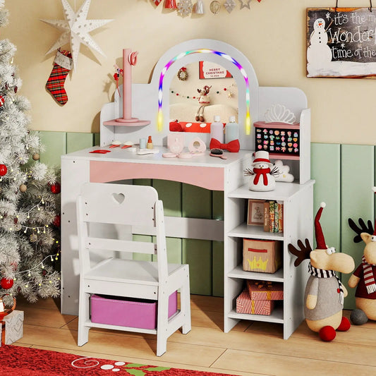 Kids Vanity Set With Colorful LED Lights vanity desk with pink drawer and rainbow mirror chair on Tampa Home & Garden Store