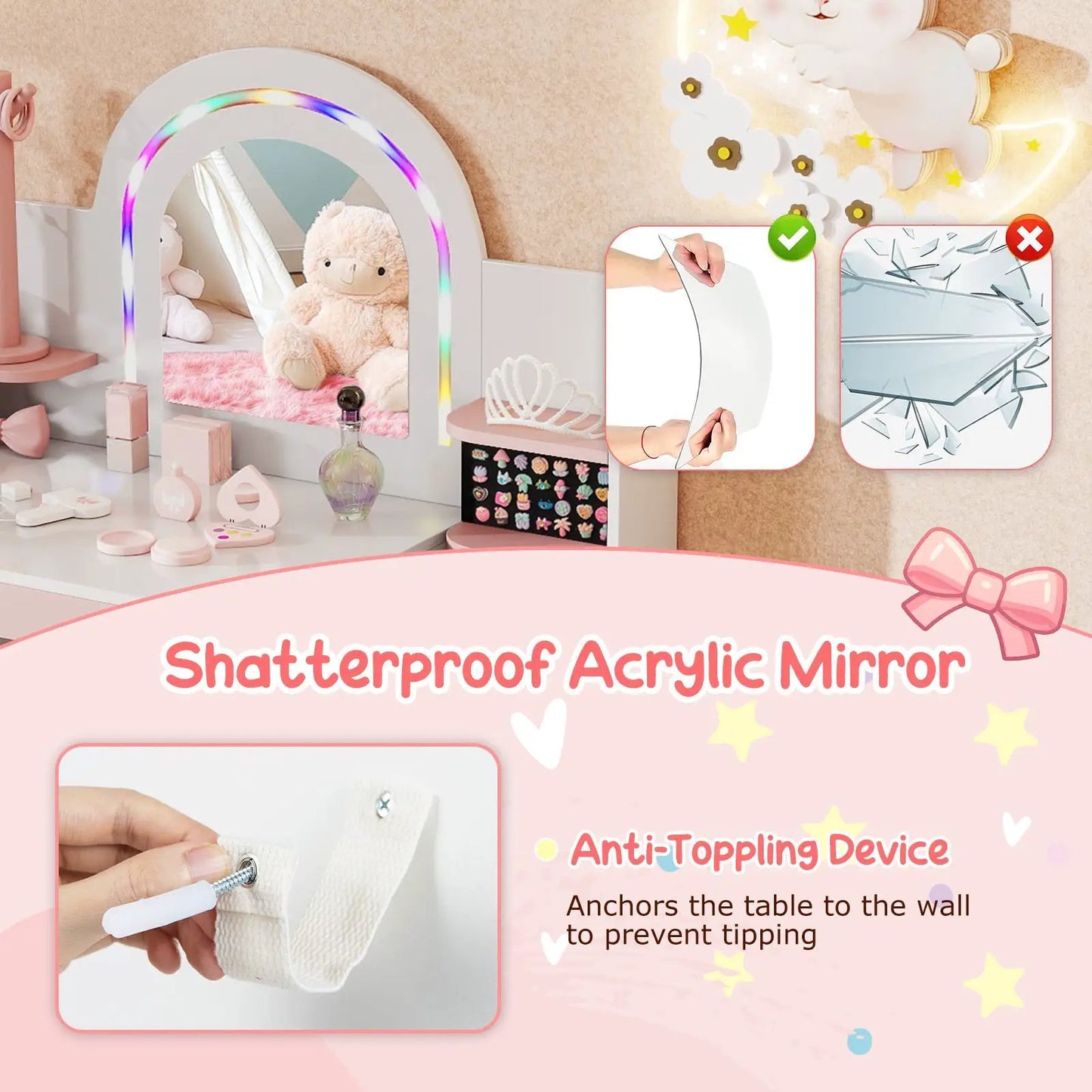 Kids vanity set with colorful LED lights featuring pastel pink dressing table and arch mirror on Tampa Home & Garden Store