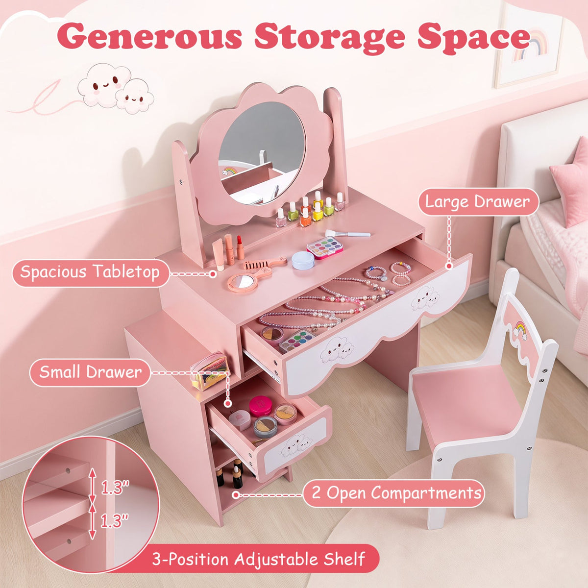 Pink Kids Vanity Set with Rotating Mirror and Chair; spacious tabletop, 2 drawers DirectDeals on Tampa Home & Garden Store
