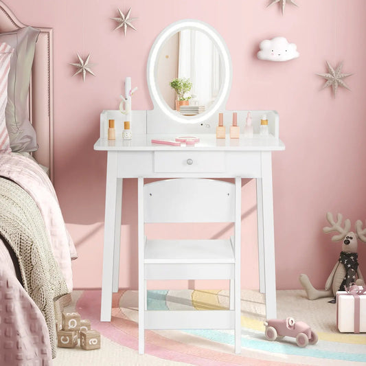 Kids Vanity Set with Lighted Mirror, white vanity with oval glow mirror and drawer in bedroom on Tampa Home & Garden Store