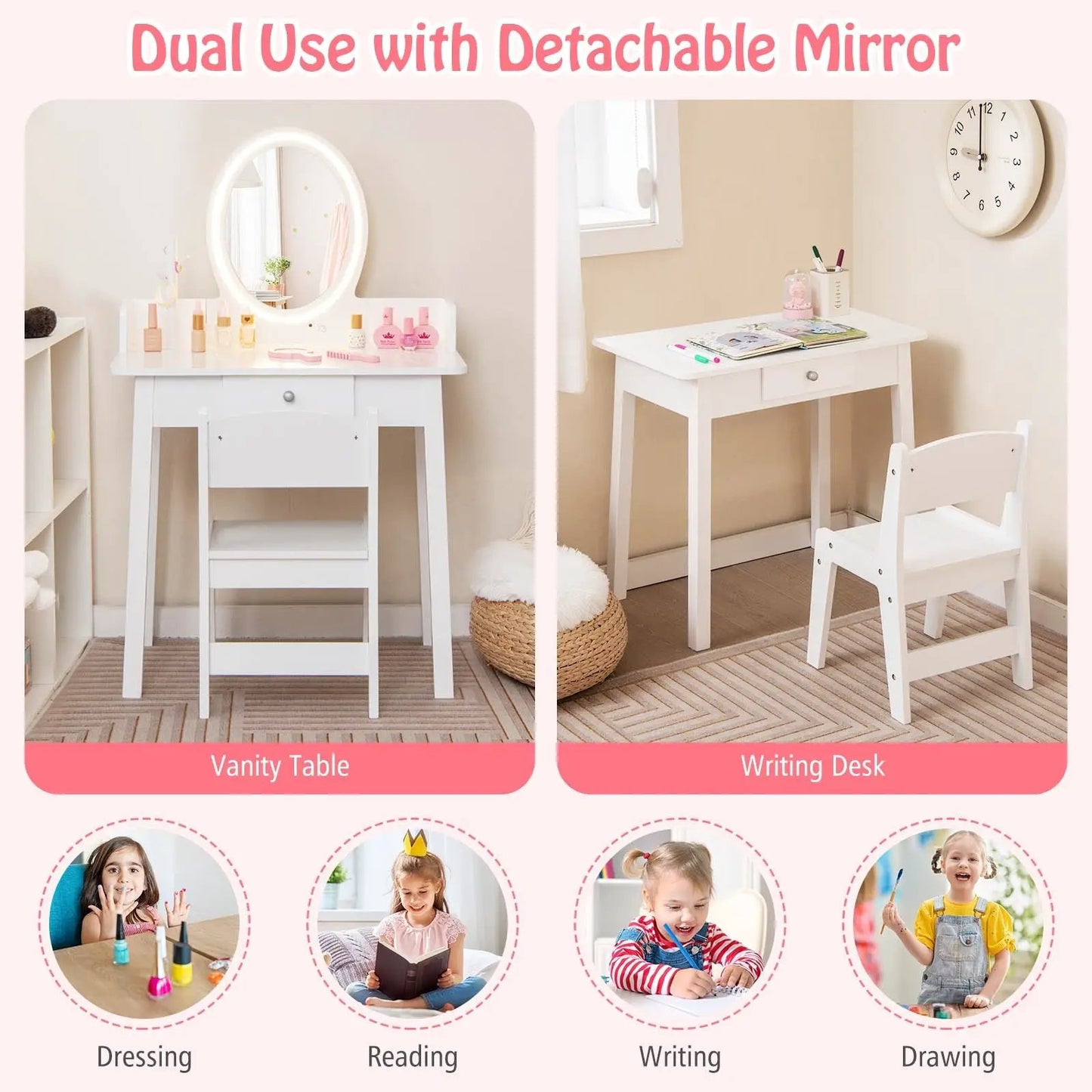Kids vanity set with lighted oval mirror and white writing desk by DirectDeals on Tampa Home & Garden Store
