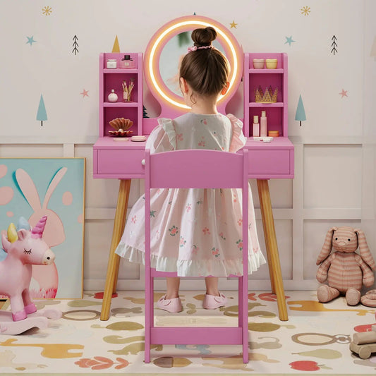 DirectDeals Kids Vanity Set with Lighted Mirror, pink desk with two shelves and drawers on Tampa Home & Garden Store