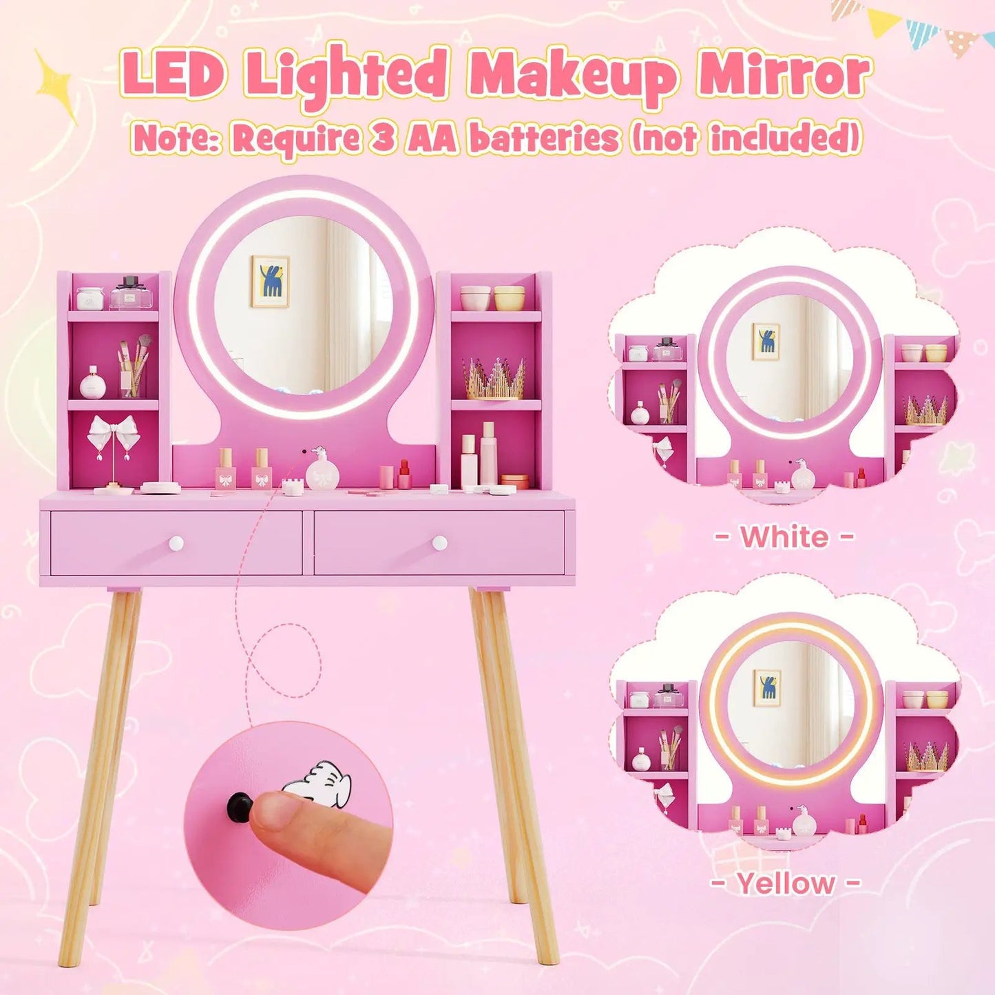 Kids Vanity Set with Lighted Mirror in pink, drawers and shelves DirectDeals on Tampa Home & Garden Store