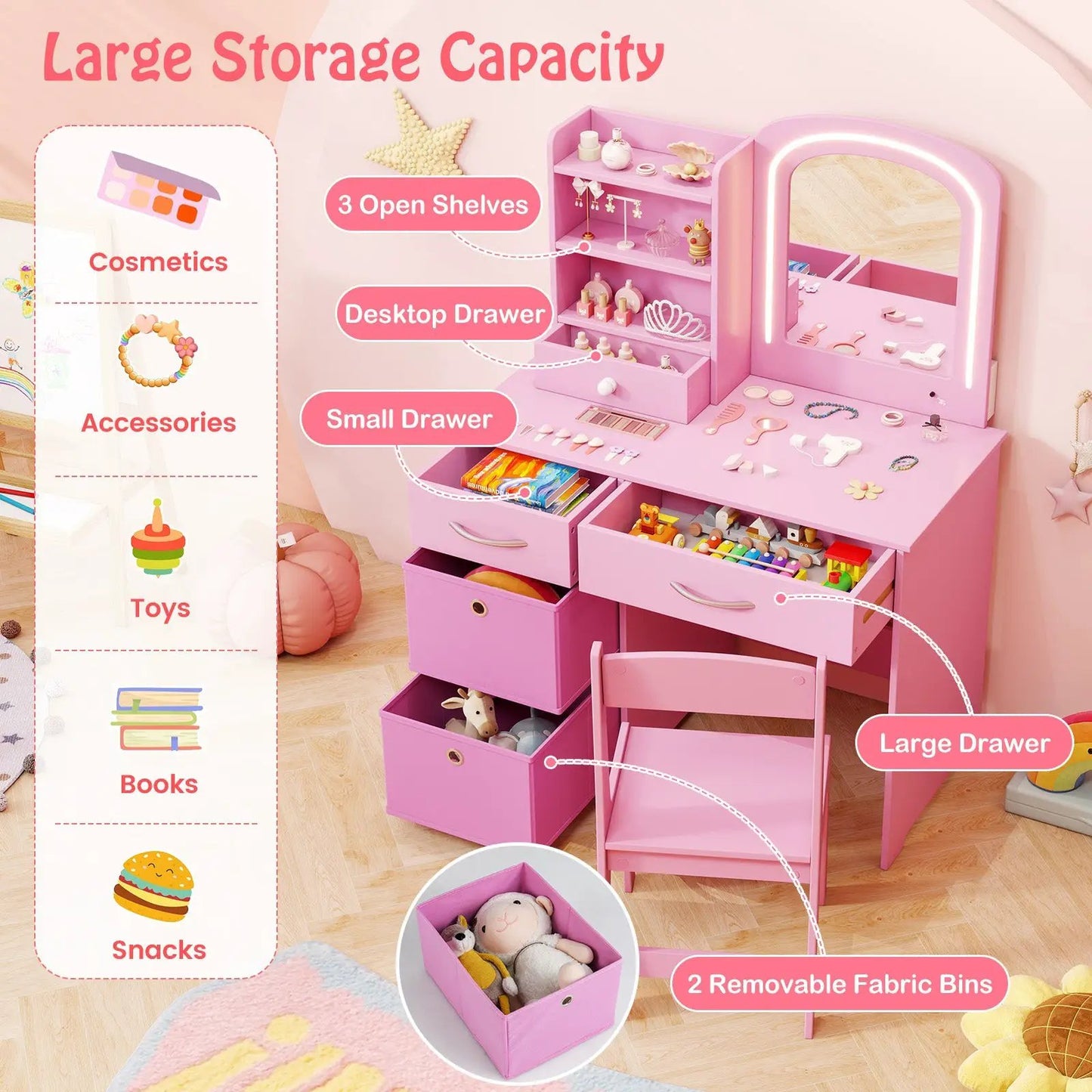Kids Vanity Desk Set with Lighted Mirror in pink by DirectDeals 3 open shelves on Tampa Home & Garden Store