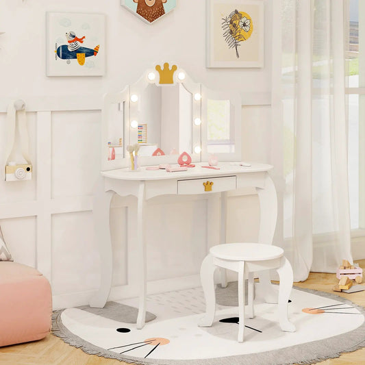 DirectDeals Kids White Vanity Set with Lighted Tri-fold Mirror and Stool on Tampa Home & Garden Store