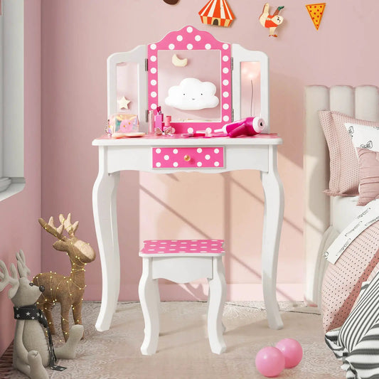 Kids vanity table and stool set with pink polka dot mirror frame on white wood on Tampa Home & Garden Store