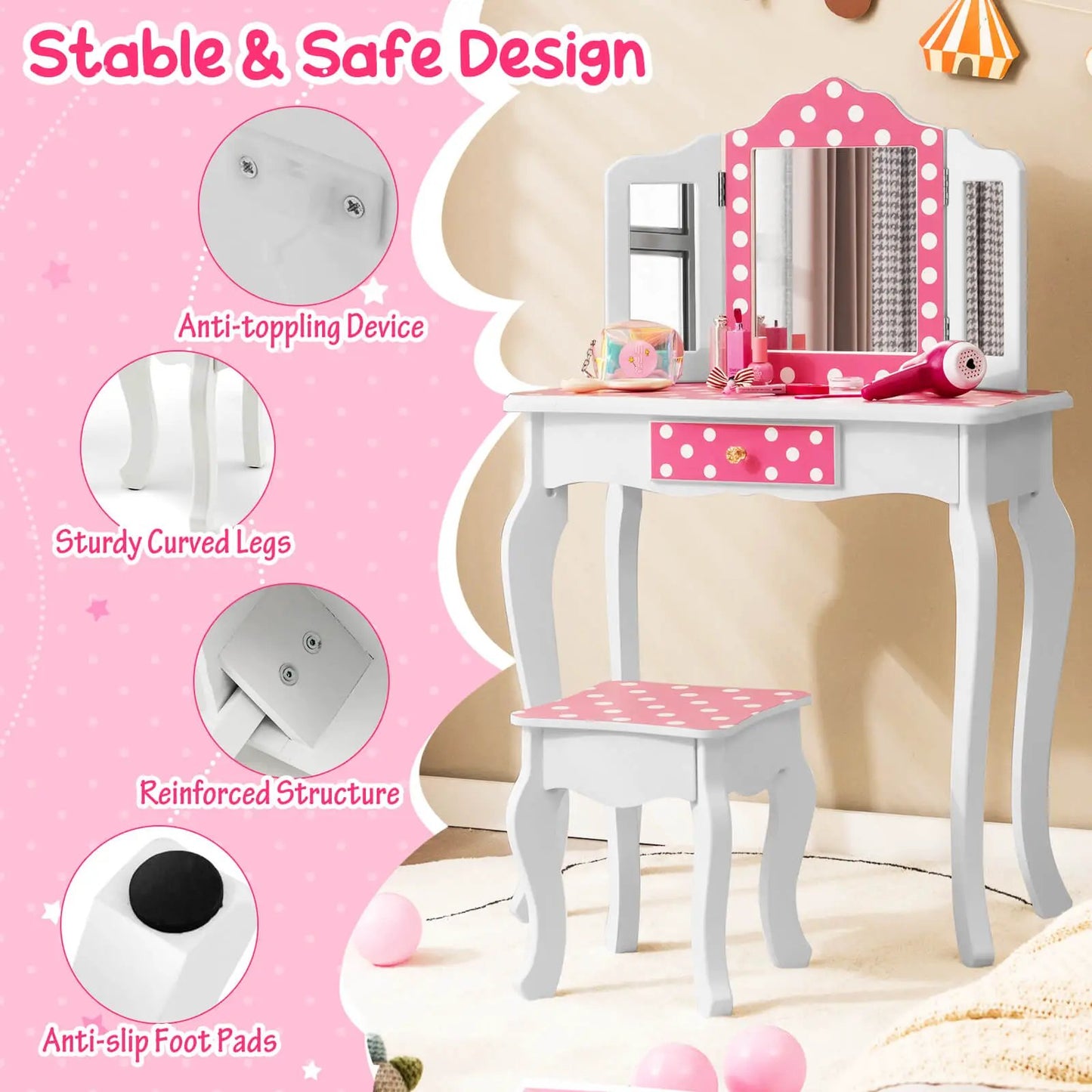 Kids vanity table and stool set pink polka dot with white curved legs and mirror on Tampa Home & Garden Store