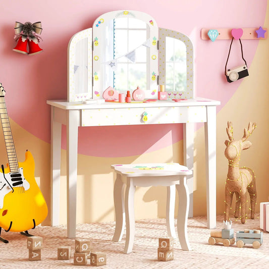 Kids Vanity Table Set with Tri Folding Mirror in white with yellow polka dots DirectDeals on Tampa Home & Garden Store