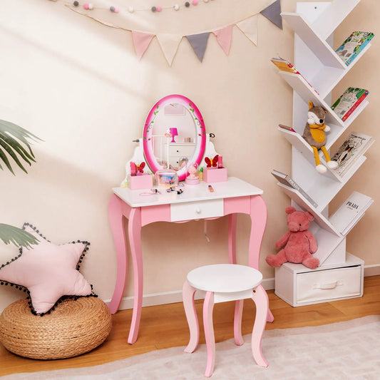 Kids vanity table and stool set with 360° mirror, pink and white finish on Tampa Home & Garden Store
