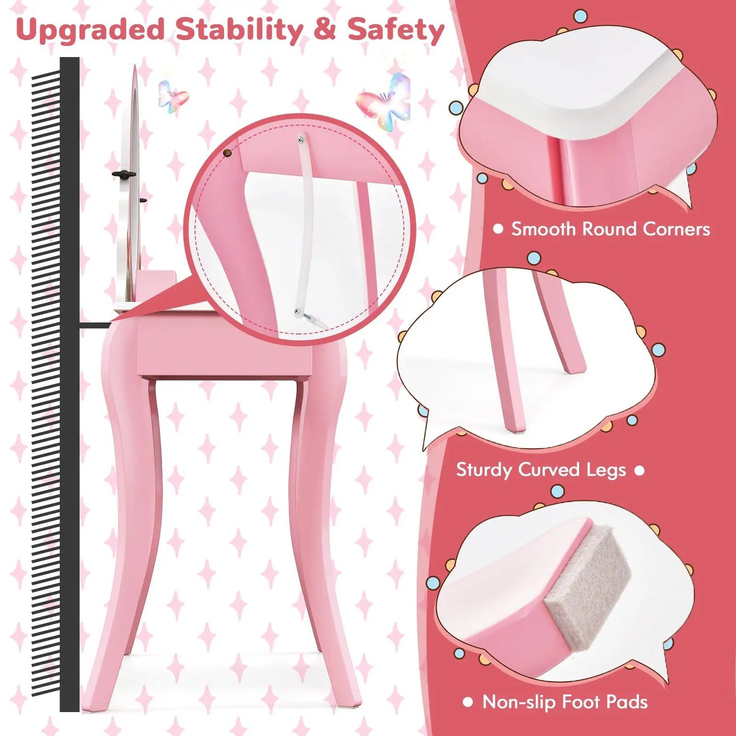 Kids Vanity Table and Stool Set pink with 360° rotating mirror on Tampa Home & Garden Store