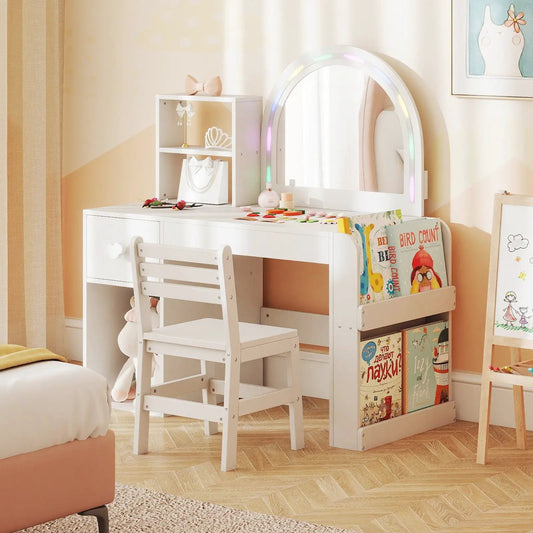 Kids vanity table and chair set (2-piece) with lighted arch mirror, white finish, DirectDeals on Tampa Home & Garden Store