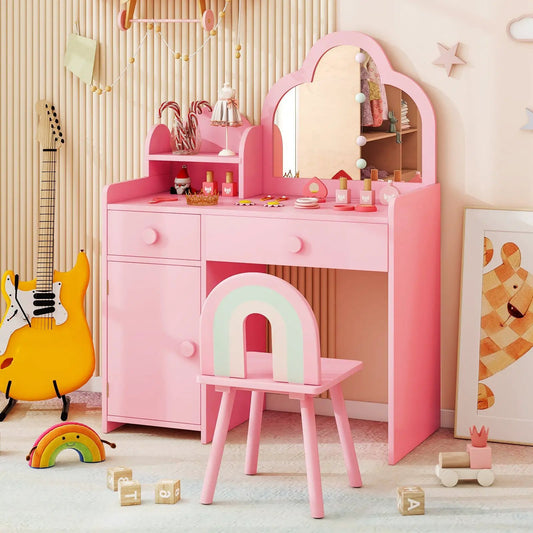 Kids vanity table and chair set with a pink cloud-shaped mirror and open shelf on Tampa Home & Garden Store