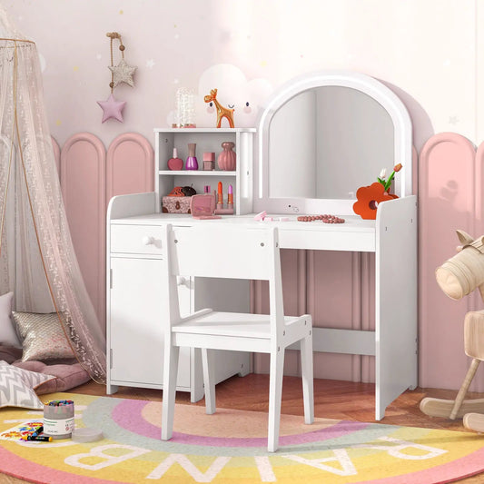 Kids vanity table and chair set in white wood, arched lighted mirror and shelves in pink room on Tampa Home & Garden Store