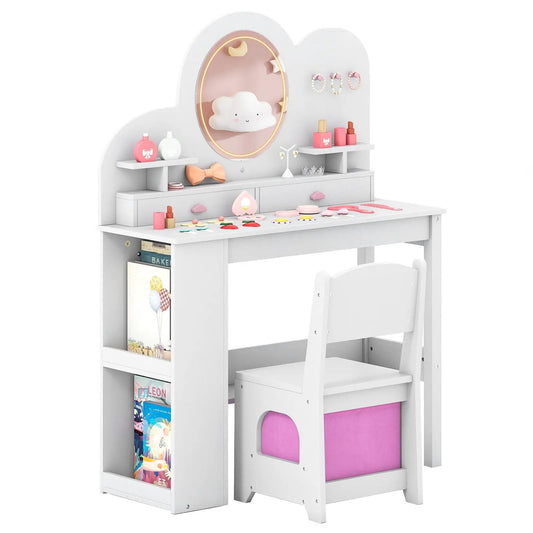 Kids vanity with lights princess table and chair set in white with pink accents and storage on Tampa Home & Garden Store