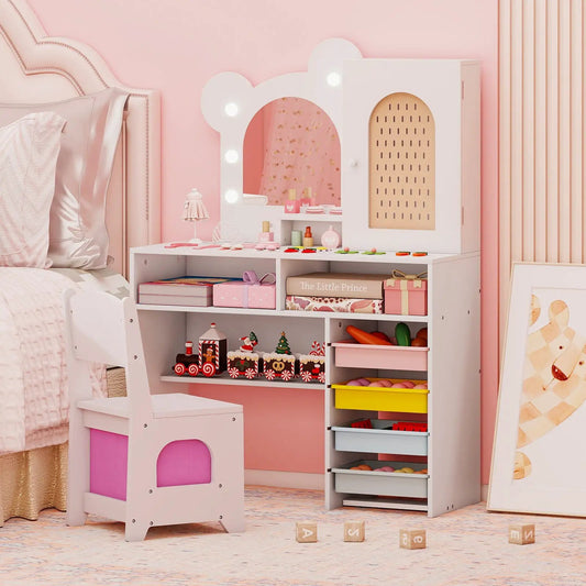 Kids Vanity With Lights And Drawers white desk with bulb-lit mirror, pink shelves and storage bins on Tampa Home & Garden Store