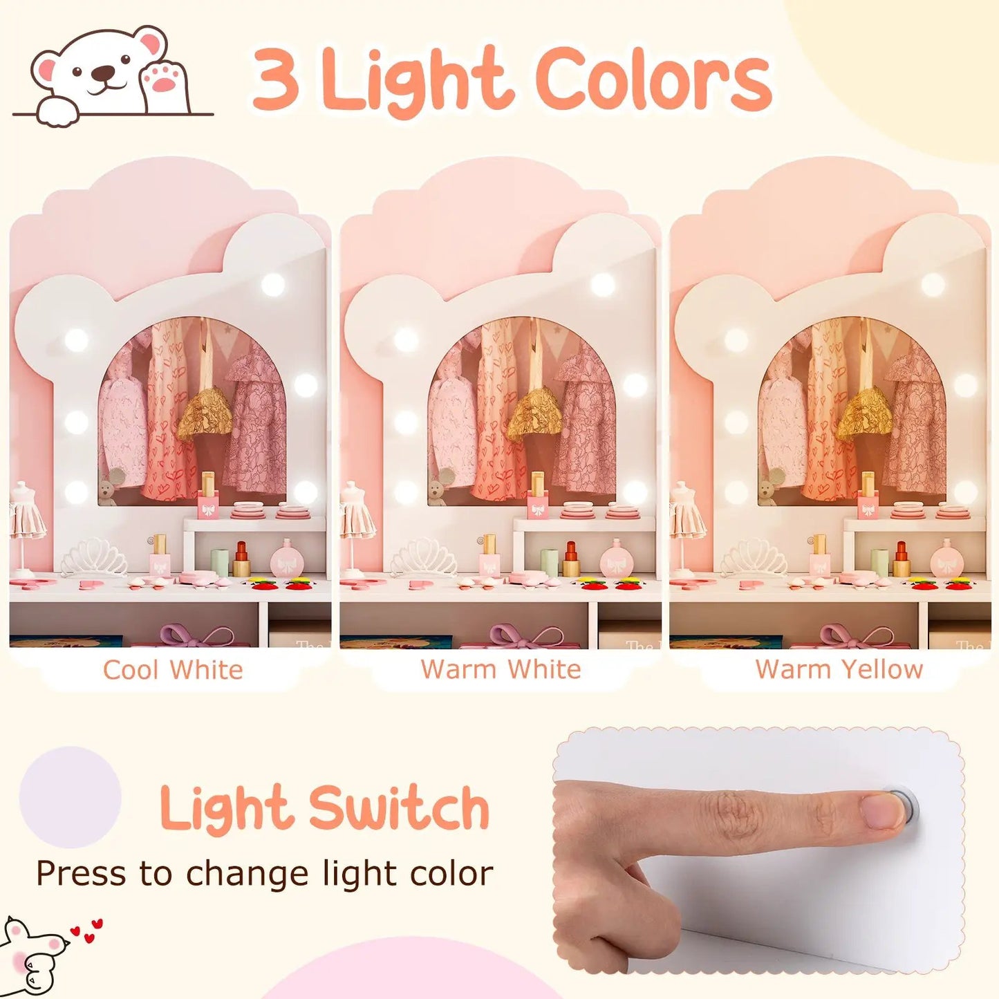 DirectDeals Kids Vanity With Lights and Drawers, pink cloud vanity set of 3 with LED lights on Tampa Home & Garden Store