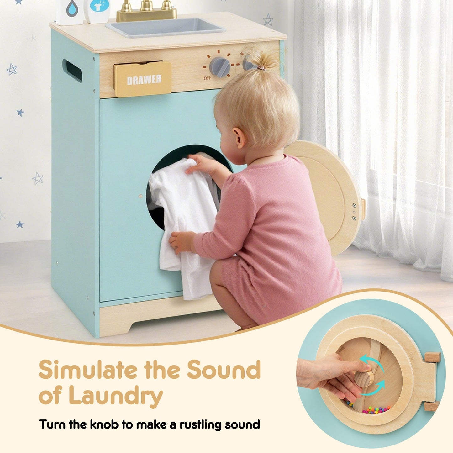 Kids Washer Playset blue with wood accents; toddler loads laundry into pretend washing machine on Tampa Home & Garden Store