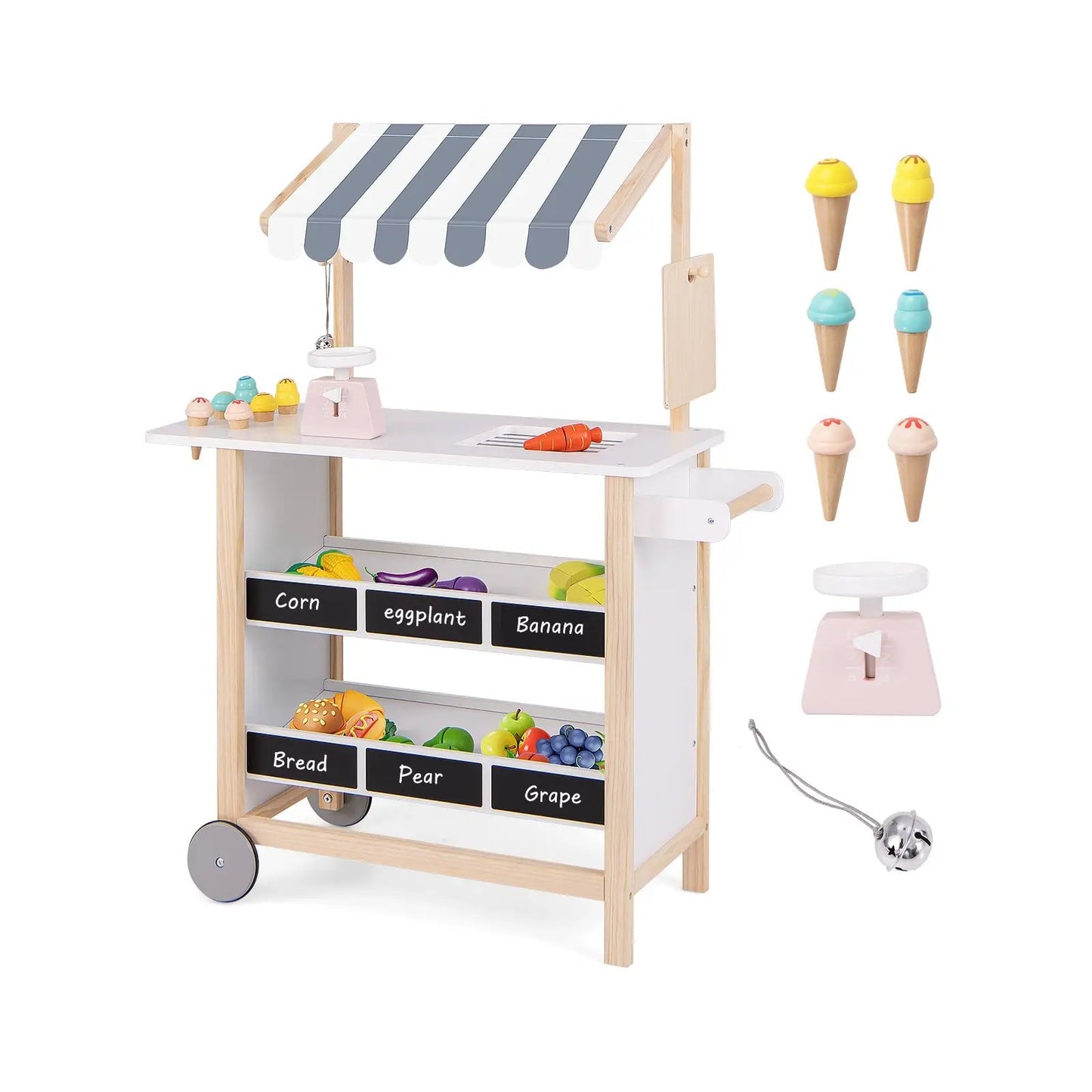 Kids wooden ice cream cart with striped canopy, chalkboard menus, and 6 toy cones on wheels on Tampa Home & Garden Store