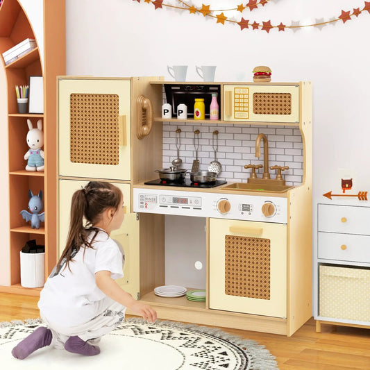 Kids wooden kitchen playset with stove, sink and microwave in pale yellow cabinets on Tampa Home & Garden Store