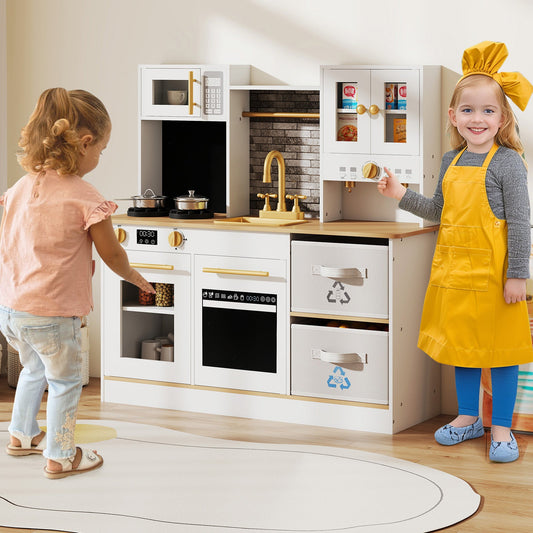 Kids Wooden Kitchen Playset with Stoves Sound Light for 3+ Years Old-White - Tampa Home & Garden Store