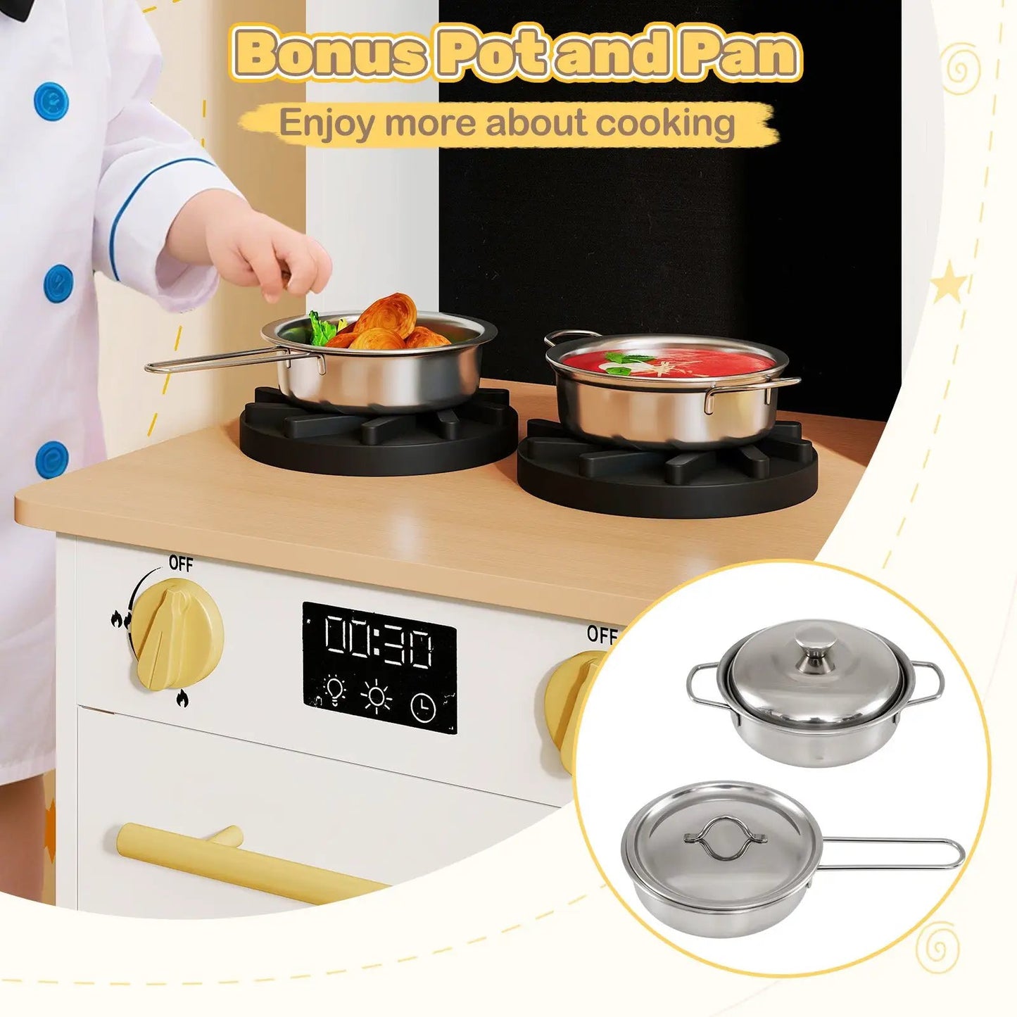 Kids wooden kitchen playset with two metal pots on stove burners and pot lids included on Tampa Home & Garden Store