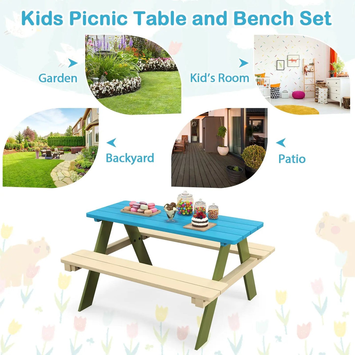 Kids wooden picnic table set with built-in benches, blue tabletop and beige seats on Tampa Home & Garden Store