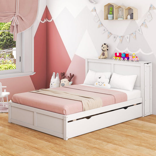 Twin/Full Kids Wooden Platform Bed with Trundle Storage Headboard-Full Size - Tampa Home & Garden Store