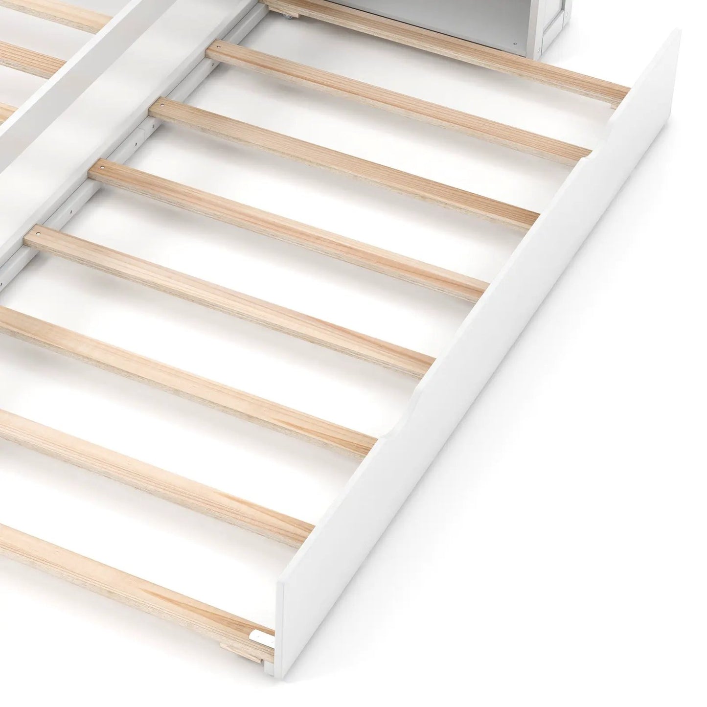 White twin/full kids wooden platform bed frame with natural wood slats on Tampa Home & Garden Store