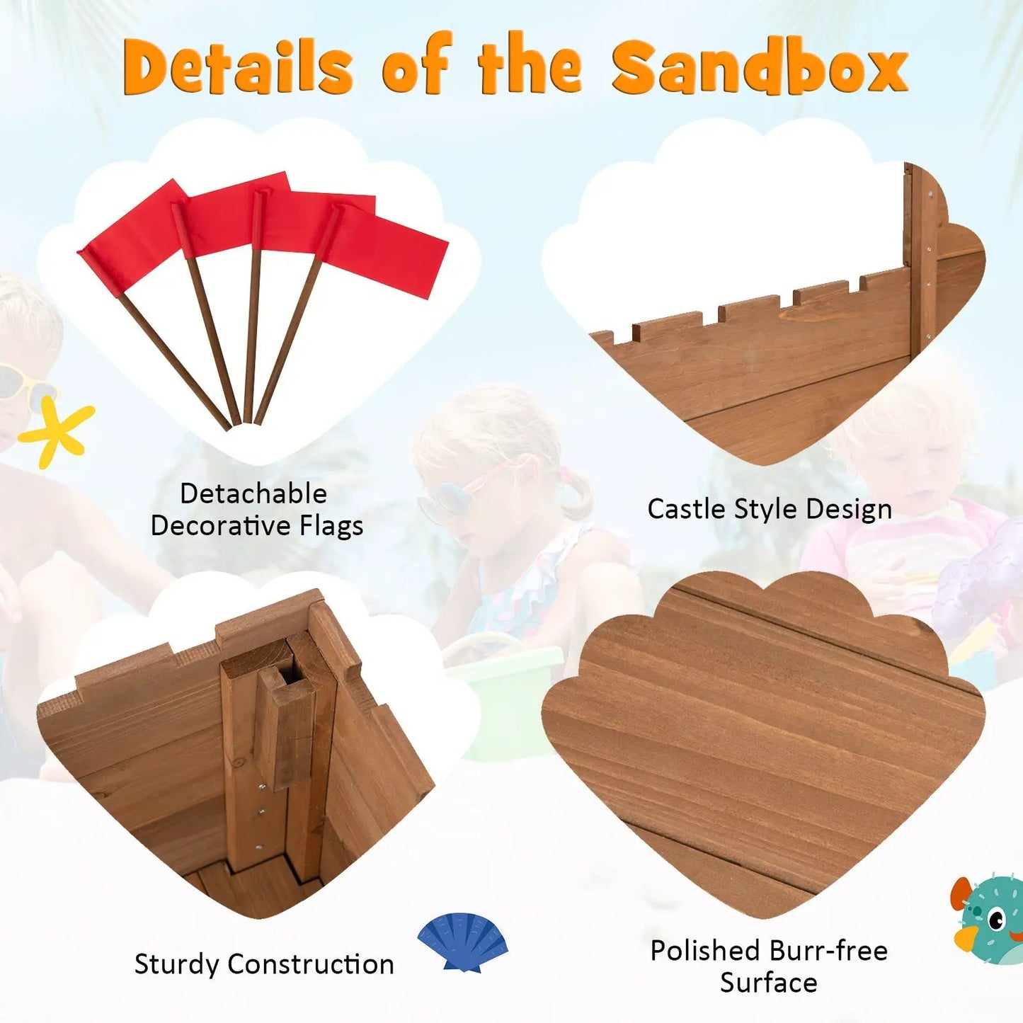 Kids wooden sandbox with bottom liner and red flags, natural wood, DirectDeals on Tampa Home & Garden Store