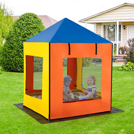 Kids wooden sandbox with blue canopy, yellow and orange panels, mesh windows DirectDeals on Tampa Home & Garden Store
