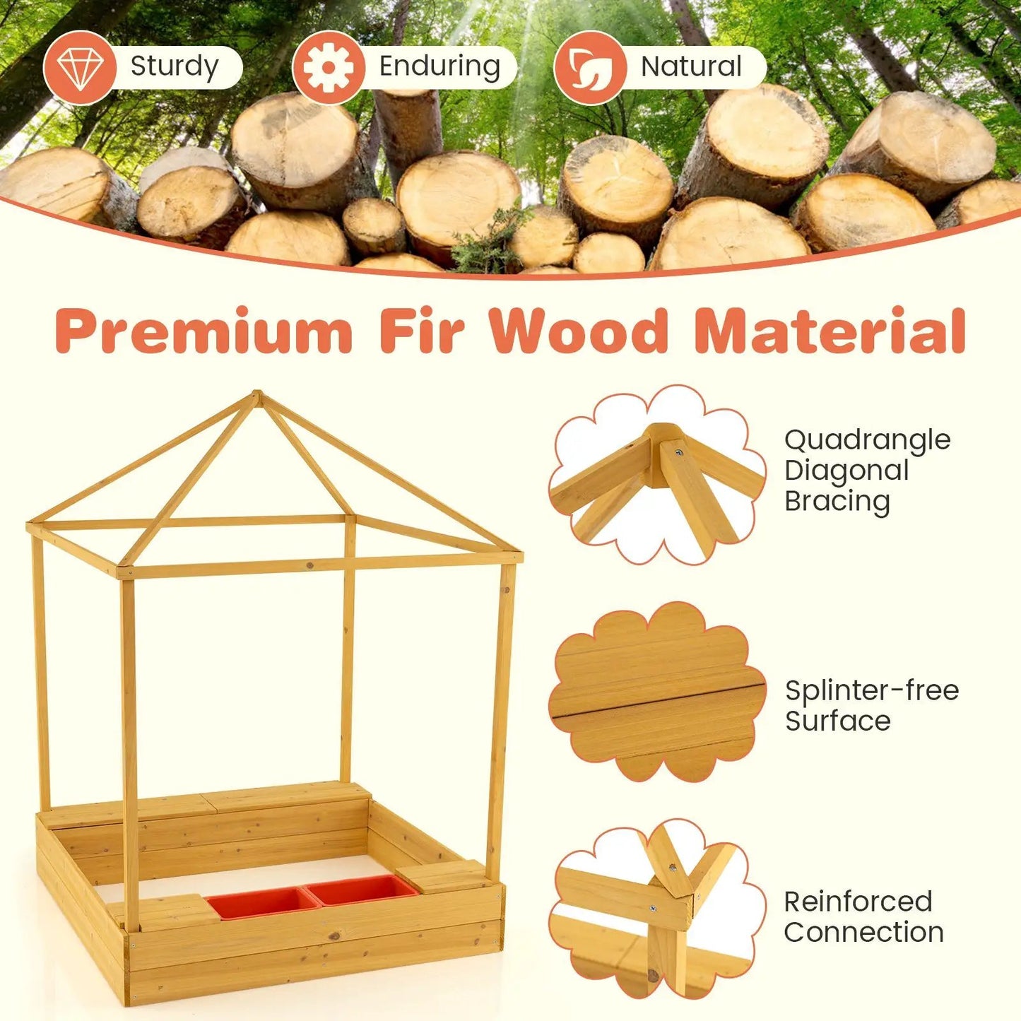 Kids wooden sandbox with canopy and mesh windows, fir wood frame with red bottom tray on Tampa Home & Garden Store