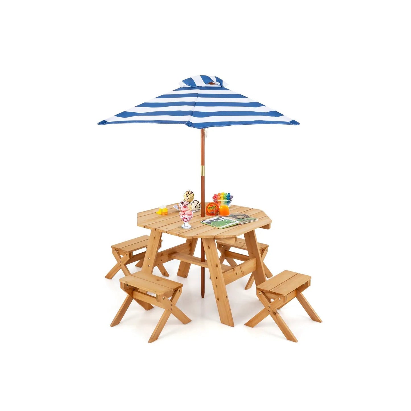 Kids wooden DirectDeals table set with striped blue umbrella and 4 attached benches on Tampa Home & Garden Store