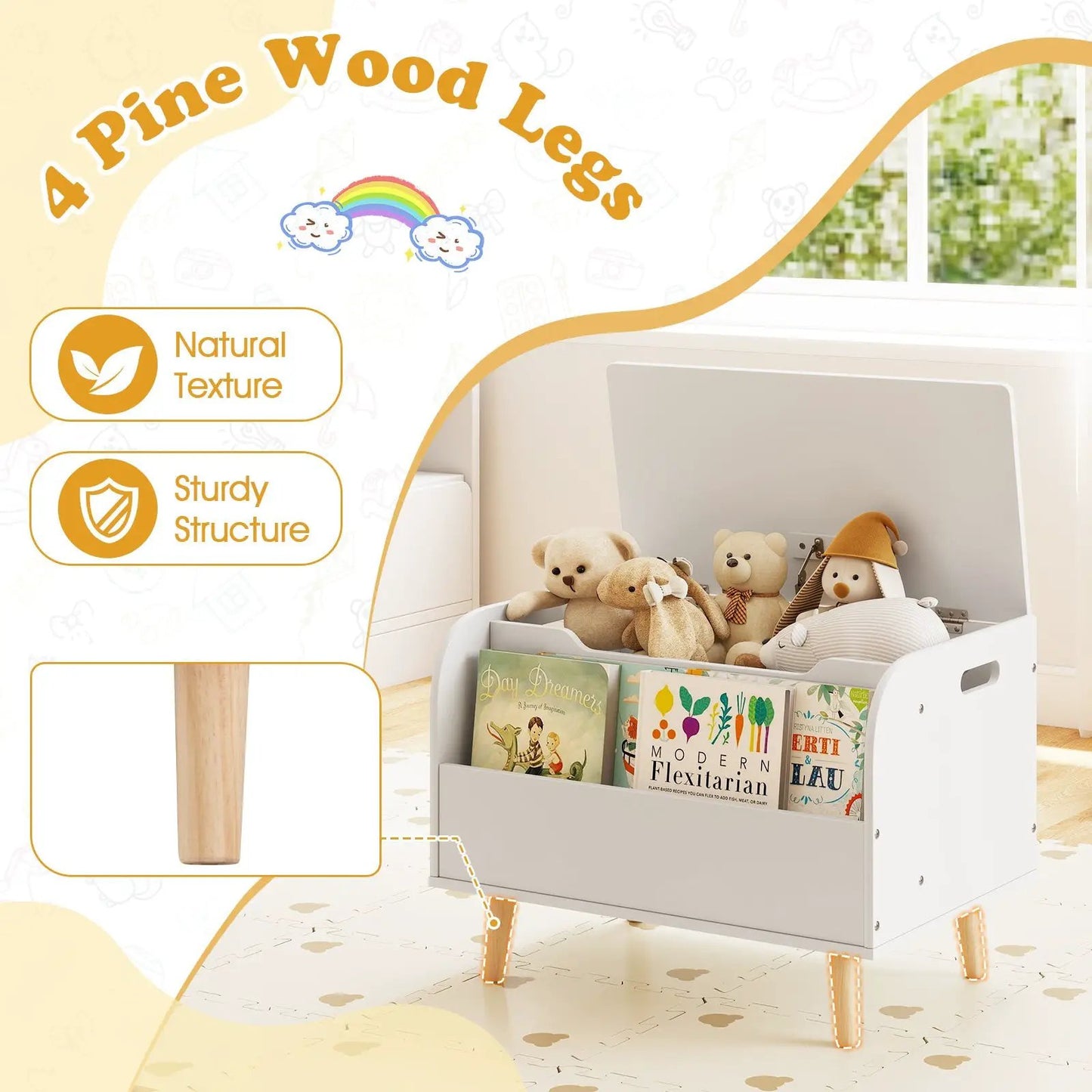 Kids Wooden Toy Box with Front Bookshelf and Legs, white with natural wood legs on Tampa Home & Garden Store