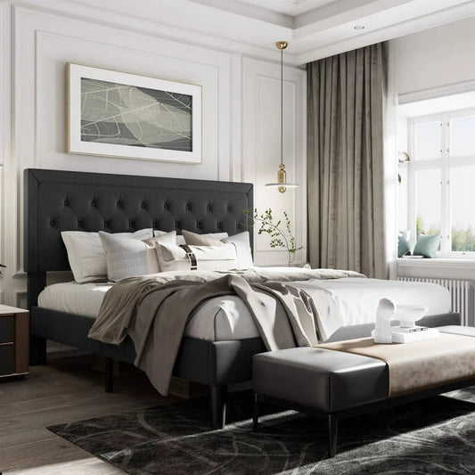 King Black Linen Upholstered Platform Bed Frame with Button-Tufted Headboard - Tampa Home & Garden Store