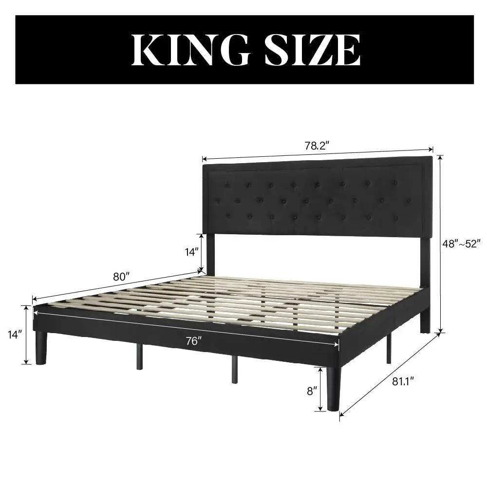King Black Linen Upholstered Platform Bed with button-tufted headboard, king size on Tampa Home & Garden Store