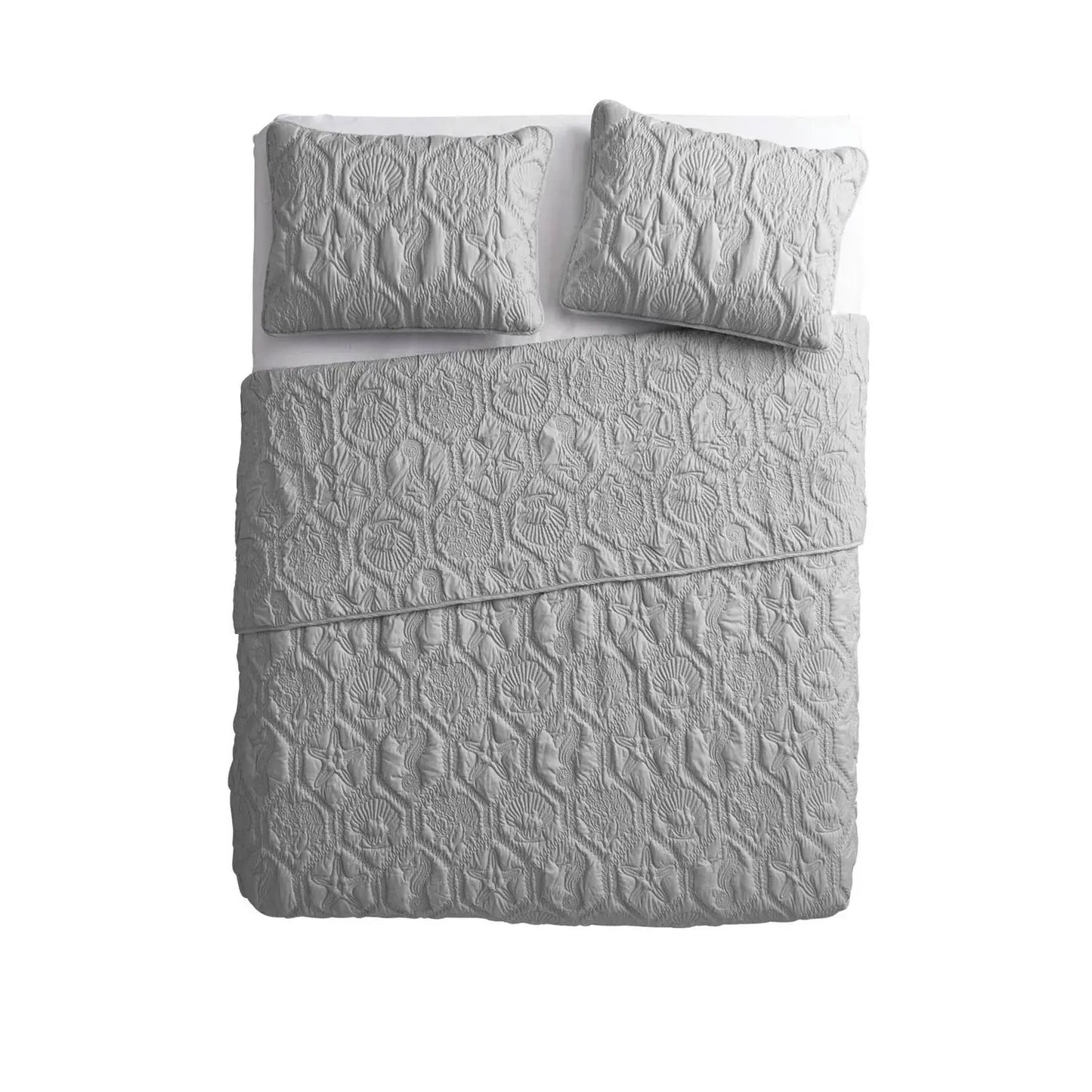 Coastal Starfish Seashell Quilt Set, King Size, gray embossed sea life pattern, 3-piece HomePacific on Tampa Home & Garden Store