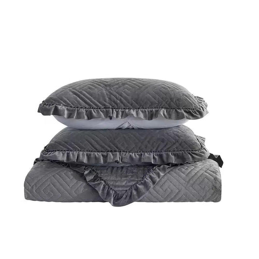 King Gray Charcoal Velvet Quilt Set 3 Piece with quilted chevron pattern and ruffled trim on Tampa Home & Garden Store