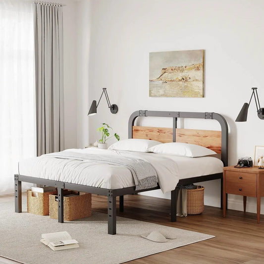 King size black metal platform bed frame with wood headboard on Tampa Home & Garden Store