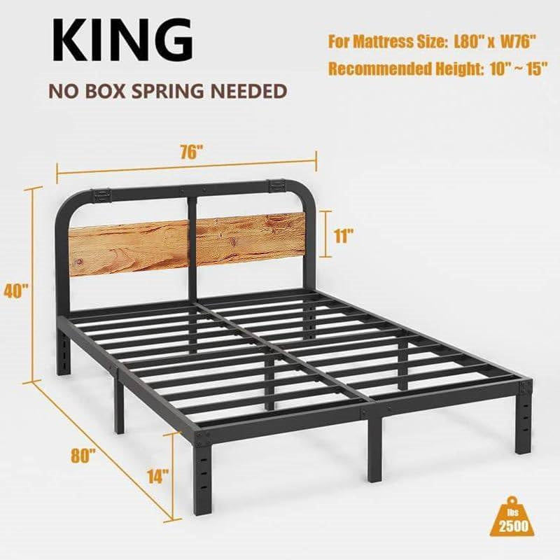 King black metal bed frame with solid wood headboard, heavy-duty platform bed on Tampa Home & Garden Store